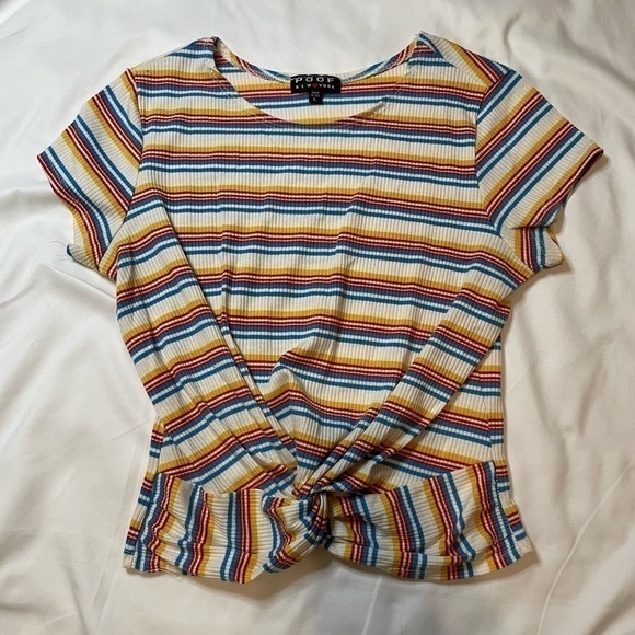 Poof size large blue/red/orange stripped ripped short sleeve t-shirt. - Picture 1 of 4